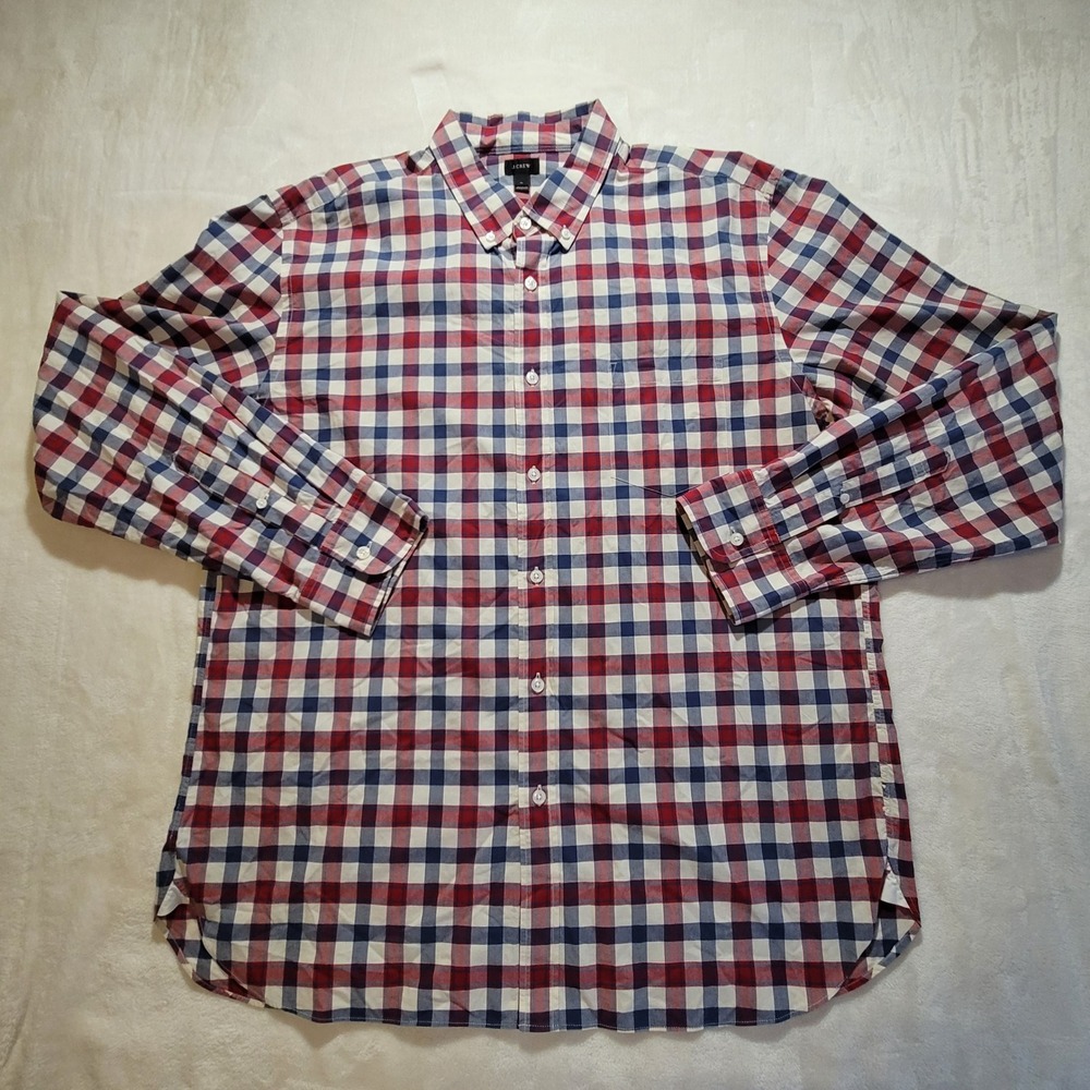 J.Crew Button Down Mens XL Red White Blue Gingham Plaid Long Sleeve Shirt